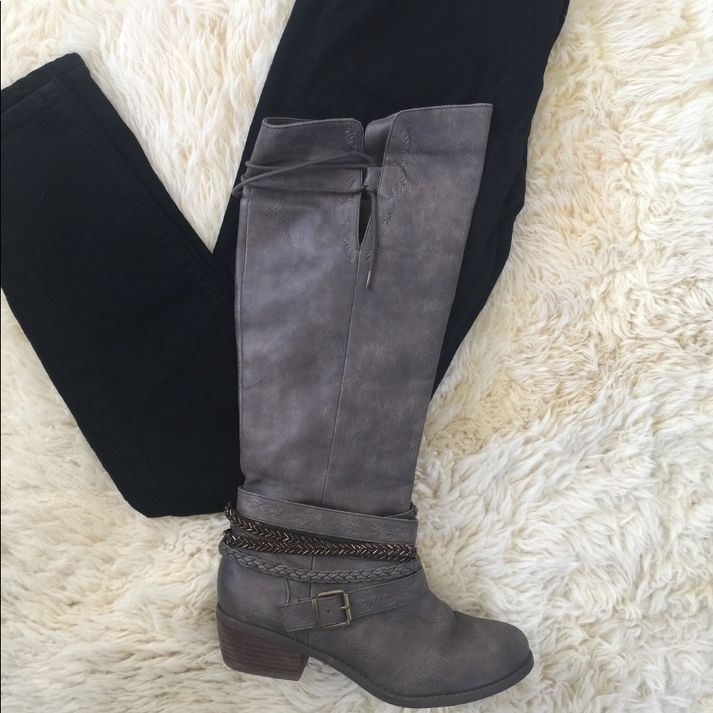 Gray knee high boots